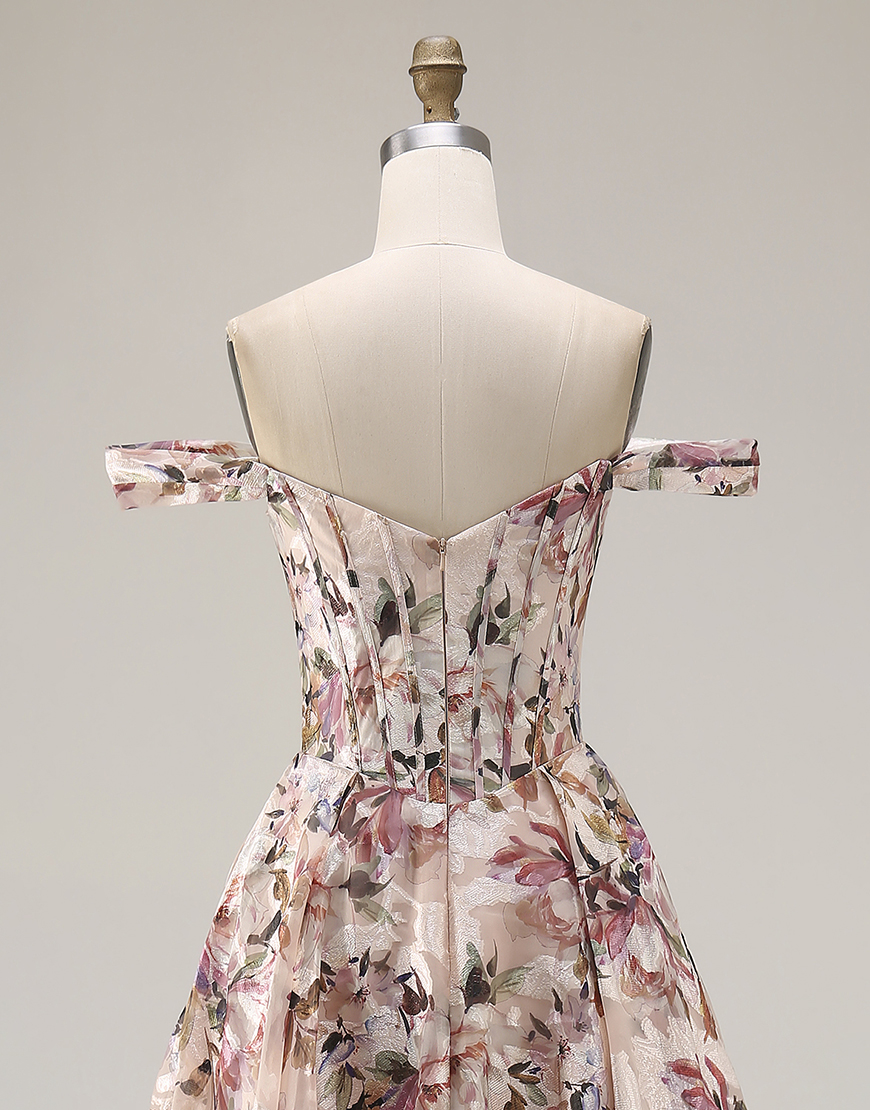 Desert Rose Floral Off the Shoulder A Line Long Corset Prom Dress