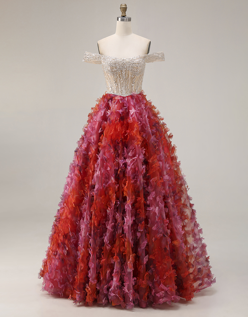 Sparkly Fuchsia and White Beaded Floral A Line Long Corset Prom Dress