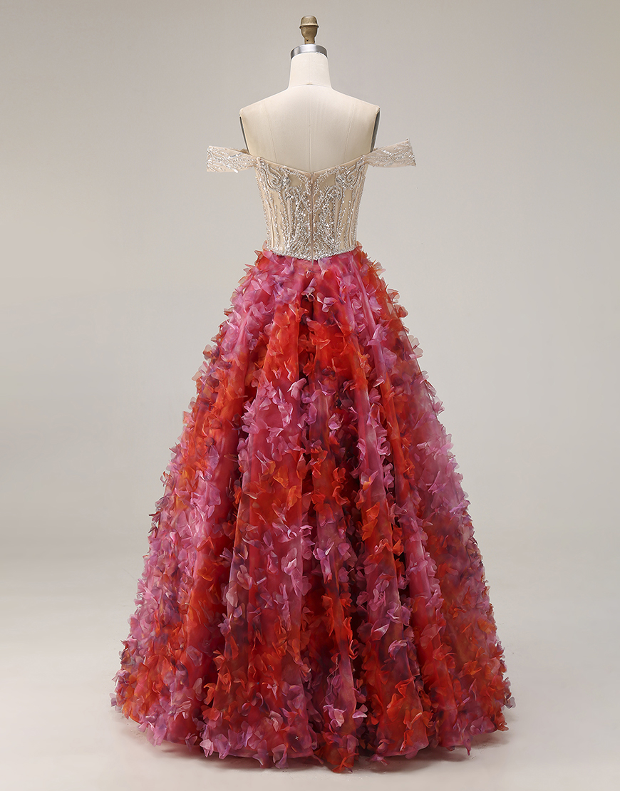 Sparkly Fuchsia and White Beaded Floral A Line Long Corset Prom Dress