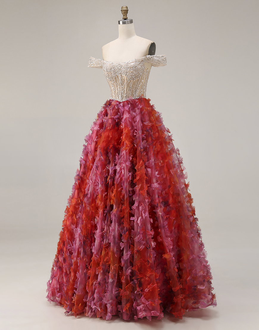 Sparkly Fuchsia and White Beaded Floral A Line Long Corset Prom Dress