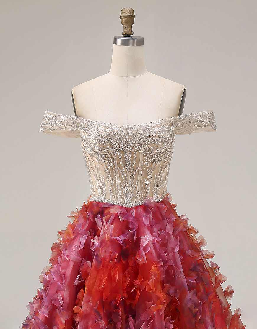 Sparkly Fuchsia and White Beaded Floral A Line Long Corset Prom Dress