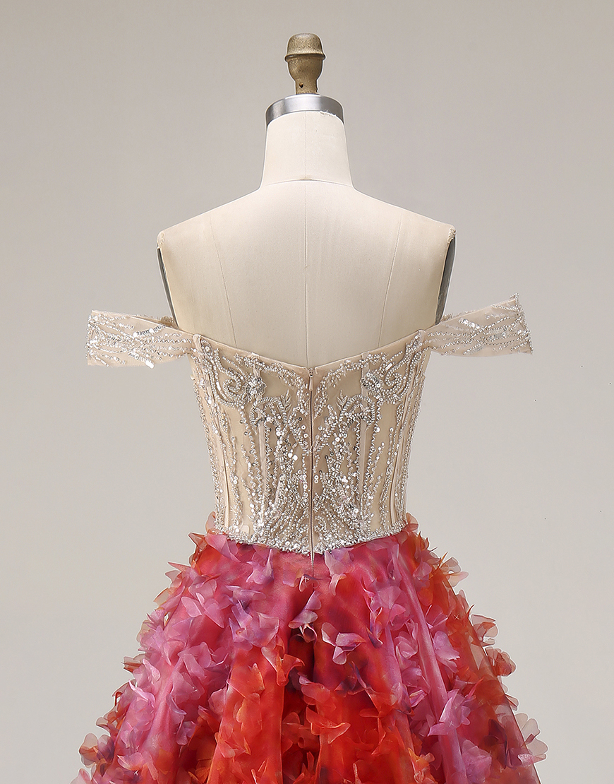 Sparkly Fuchsia and White Beaded Floral A Line Long Corset Prom Dress