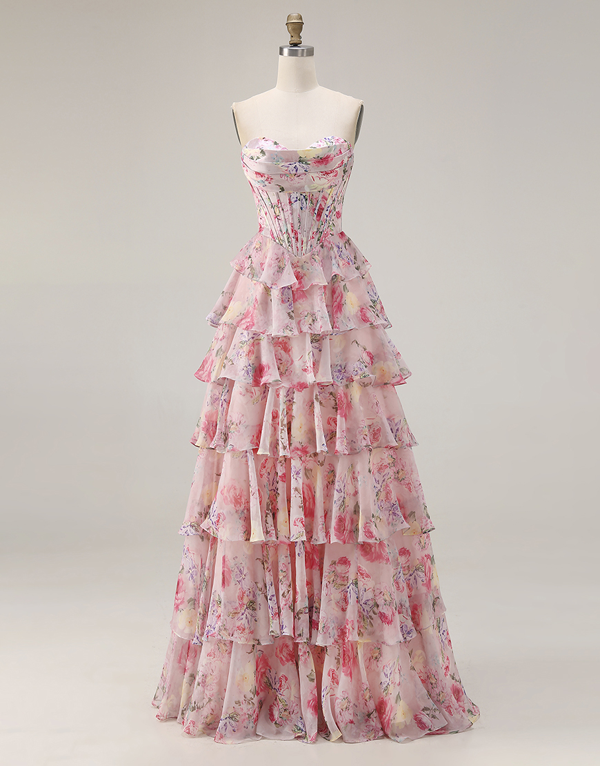 Pink Corset Floral A Line Tiered Sweetheart Long Prom Dress