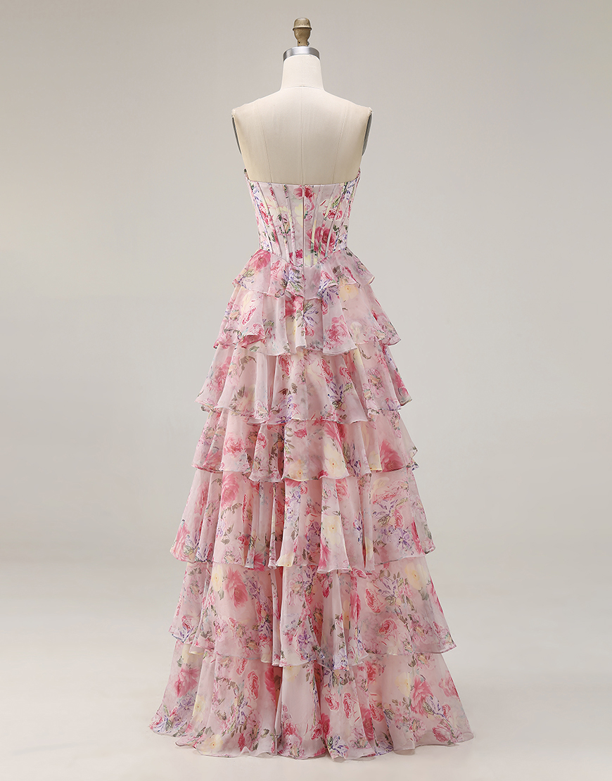 Pink Corset Floral A Line Tiered Sweetheart Long Prom Dress