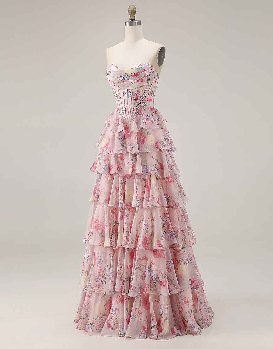 Pink Corset Floral A Line Tiered Sweetheart Long Prom Dress