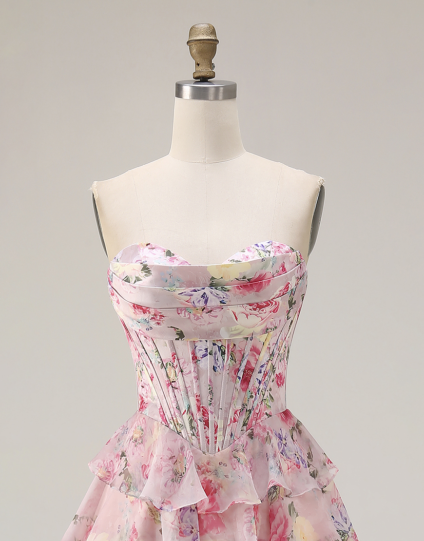 Pink Corset Floral A Line Tiered Sweetheart Long Prom Dress