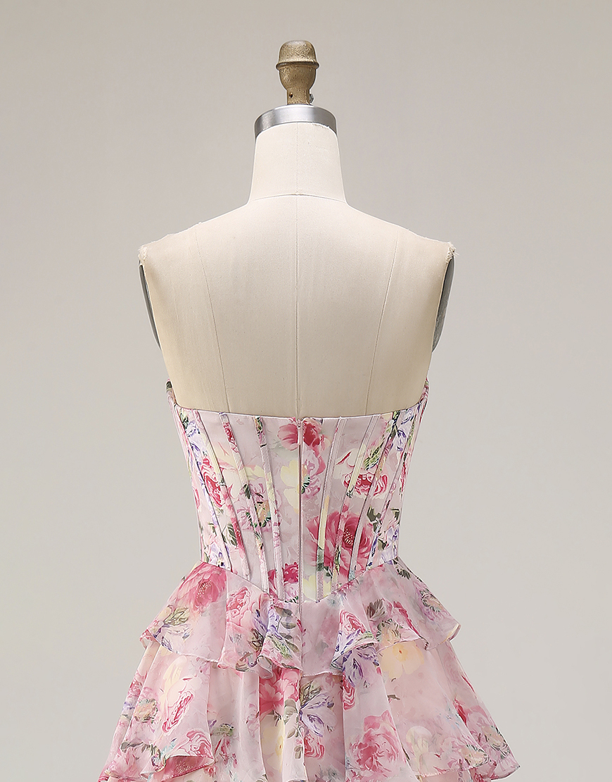 Pink Corset Floral A Line Tiered Sweetheart Long Prom Dress