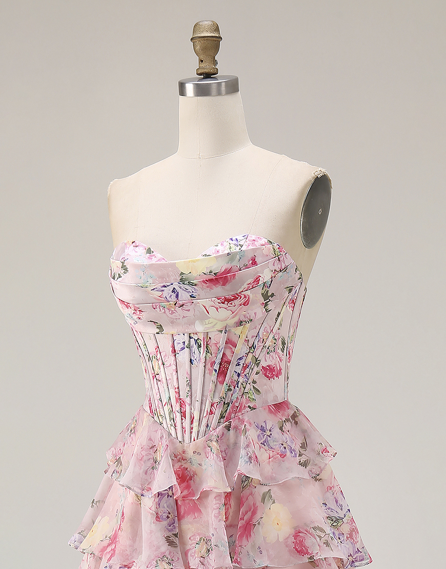 Pink Corset Floral A Line Tiered Sweetheart Long Prom Dress