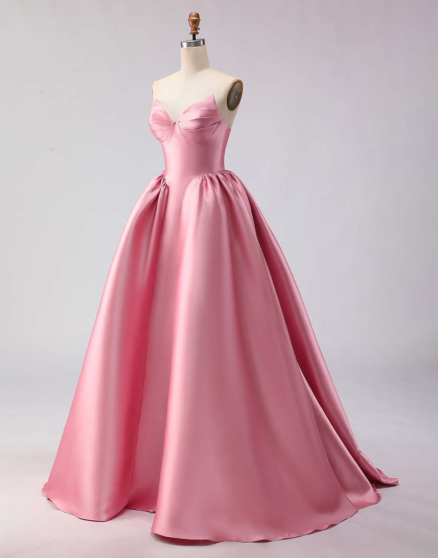 Pink Strapless A Line Satin Long Prom Dress