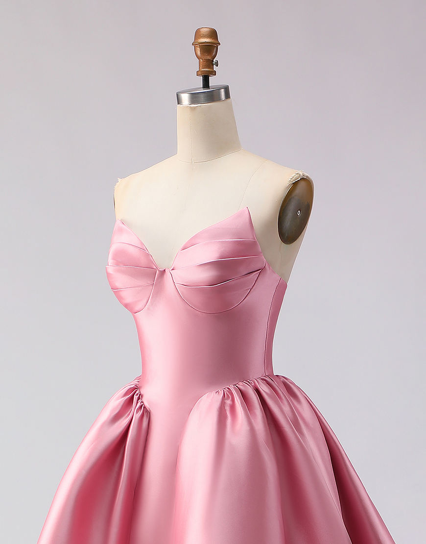 Pink Strapless A Line Satin Long Prom Dress