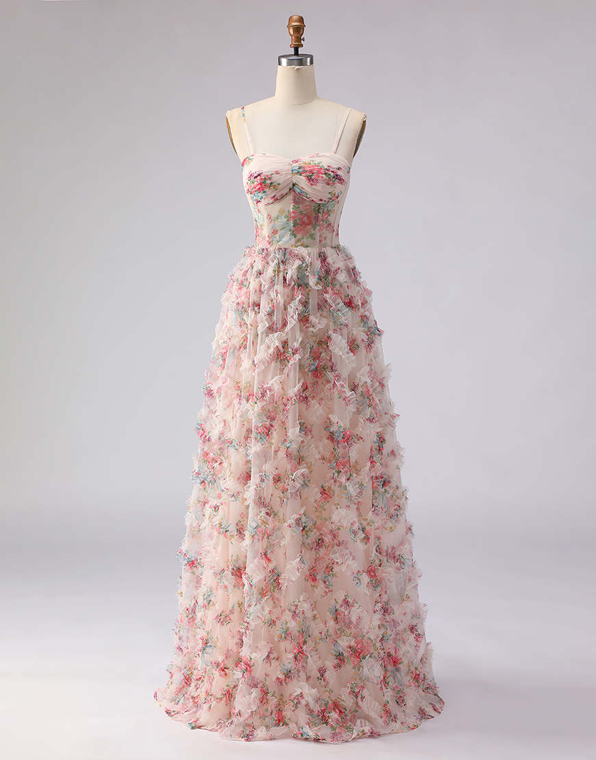 Light Pink Floral Spaghetti Straps Corset A Line Long Prom Dress with Ruffles