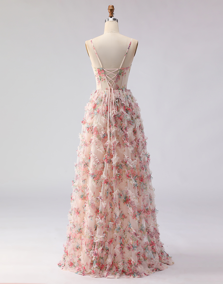 Light Pink Floral Spaghetti Straps Corset A Line Long Prom Dress with Ruffles