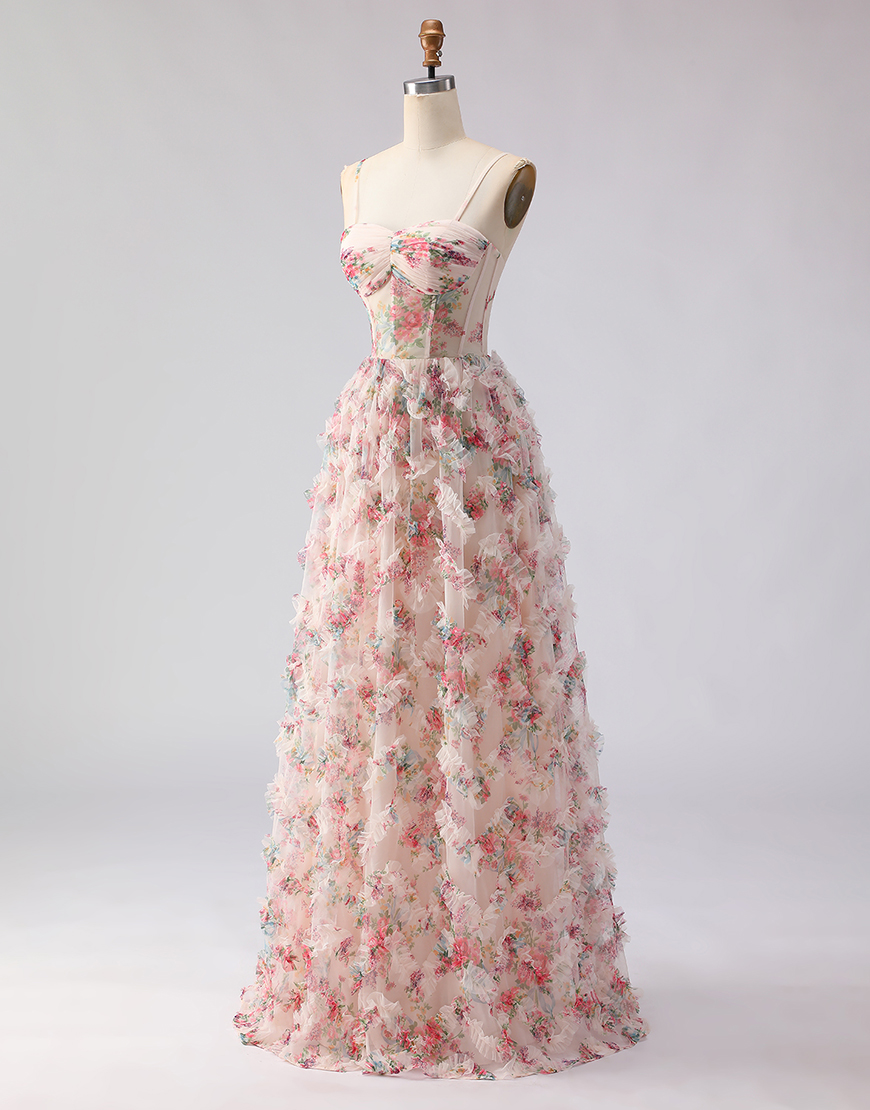 Light Pink Floral Spaghetti Straps Corset A Line Long Prom Dress with Ruffles