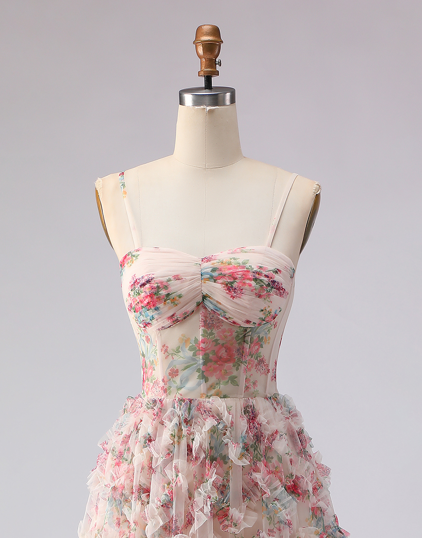 Light Pink Floral Spaghetti Straps Corset A Line Long Prom Dress with Ruffles