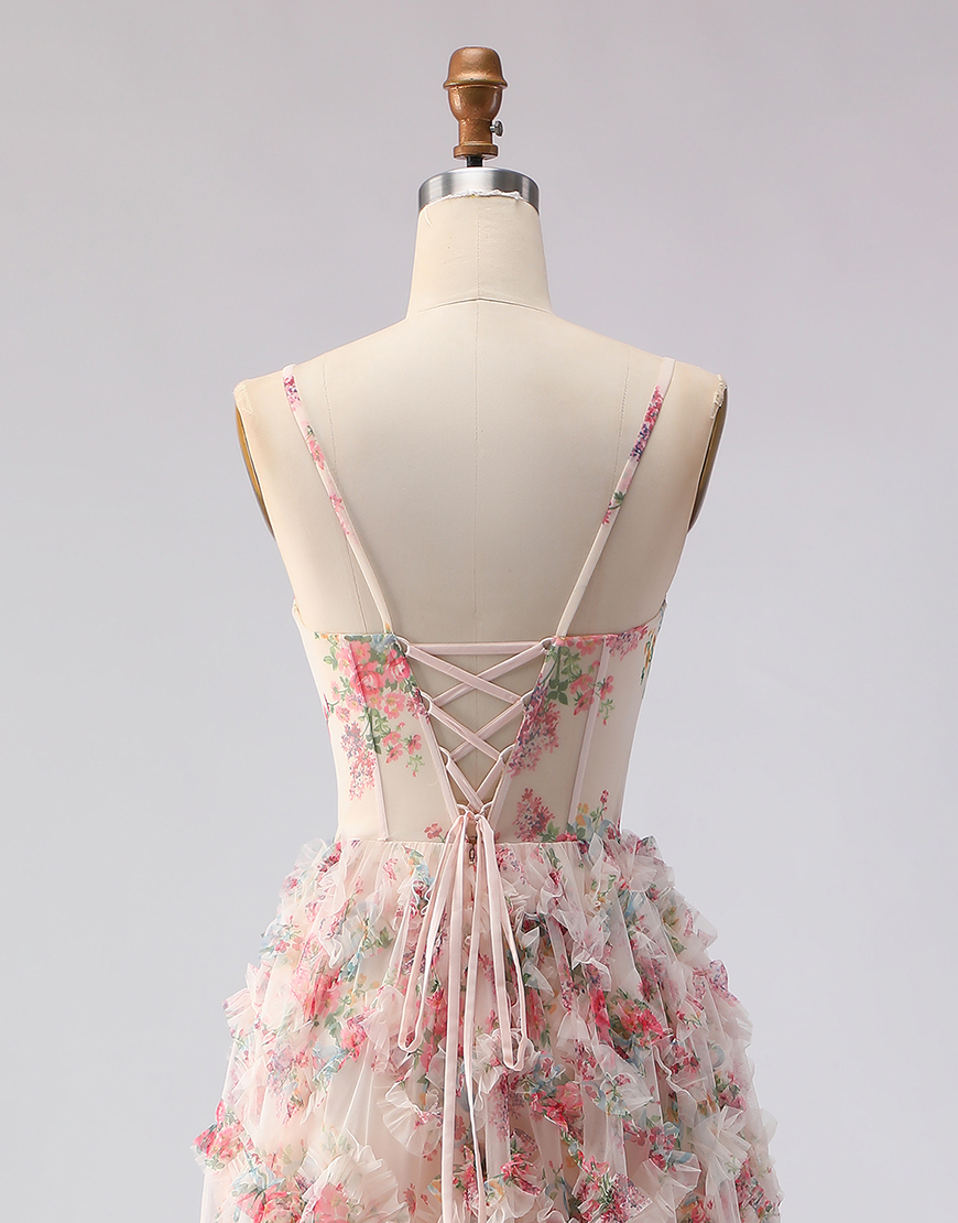 Light Pink Floral Spaghetti Straps Corset A Line Long Prom Dress with Ruffles