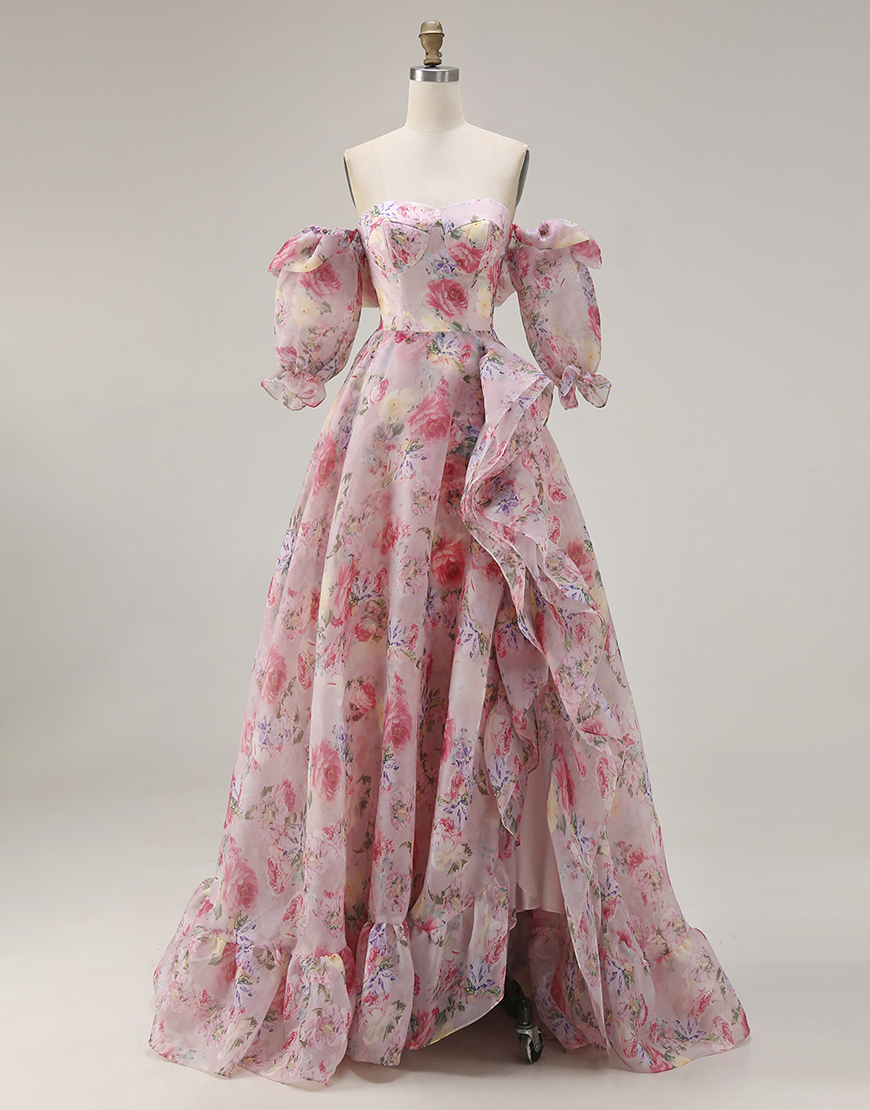 Pink A Line Off the Shoulder Floral Long Prom Dress with Ruffles