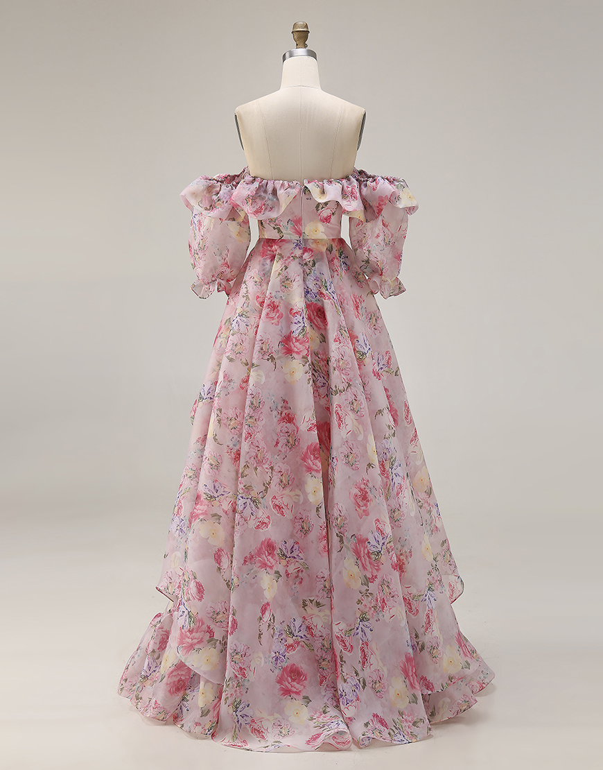 Pink A Line Off the Shoulder Floral Long Prom Dress with Ruffles