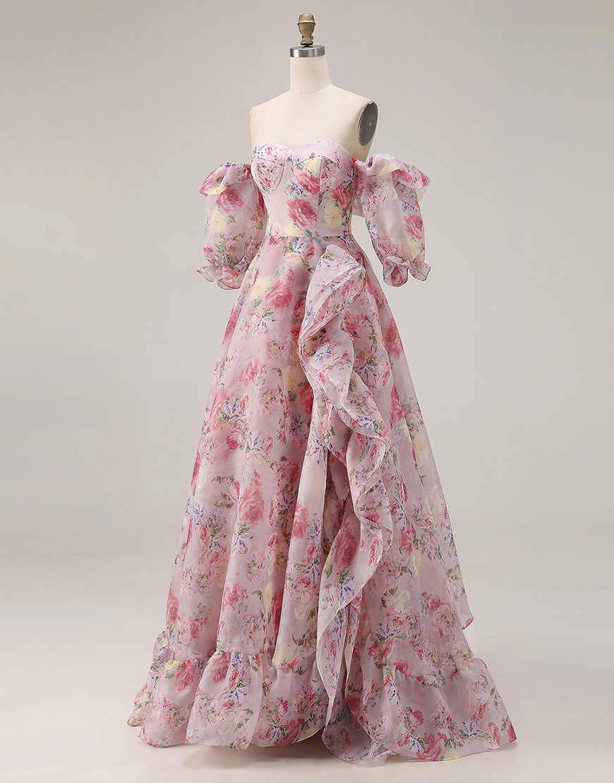 Pink A Line Off the Shoulder Floral Long Prom Dress with Ruffles