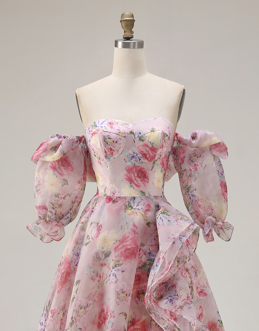 Pink A Line Off the Shoulder Floral Long Prom Dress with Ruffles