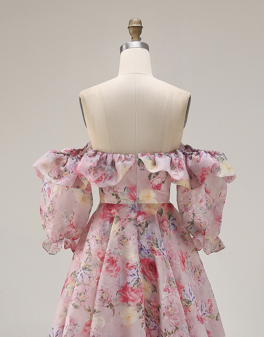 Pink A Line Off the Shoulder Floral Long Prom Dress with Ruffles