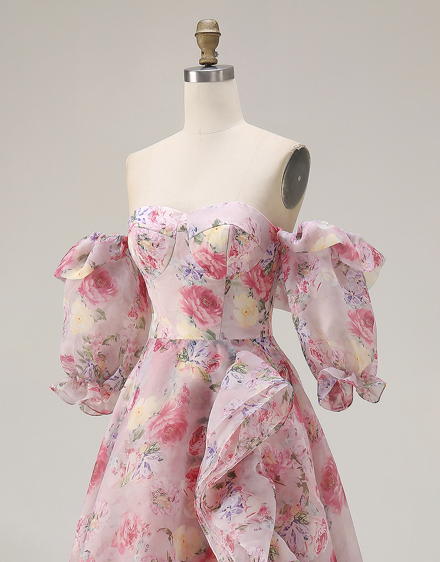 Pink A Line Off the Shoulder Floral Long Prom Dress with Ruffles