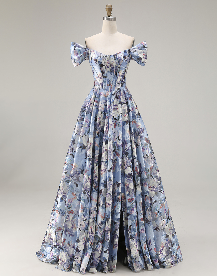 Blue Off the Shoulder Floral A Line Long Corset Prom Dress with Slit