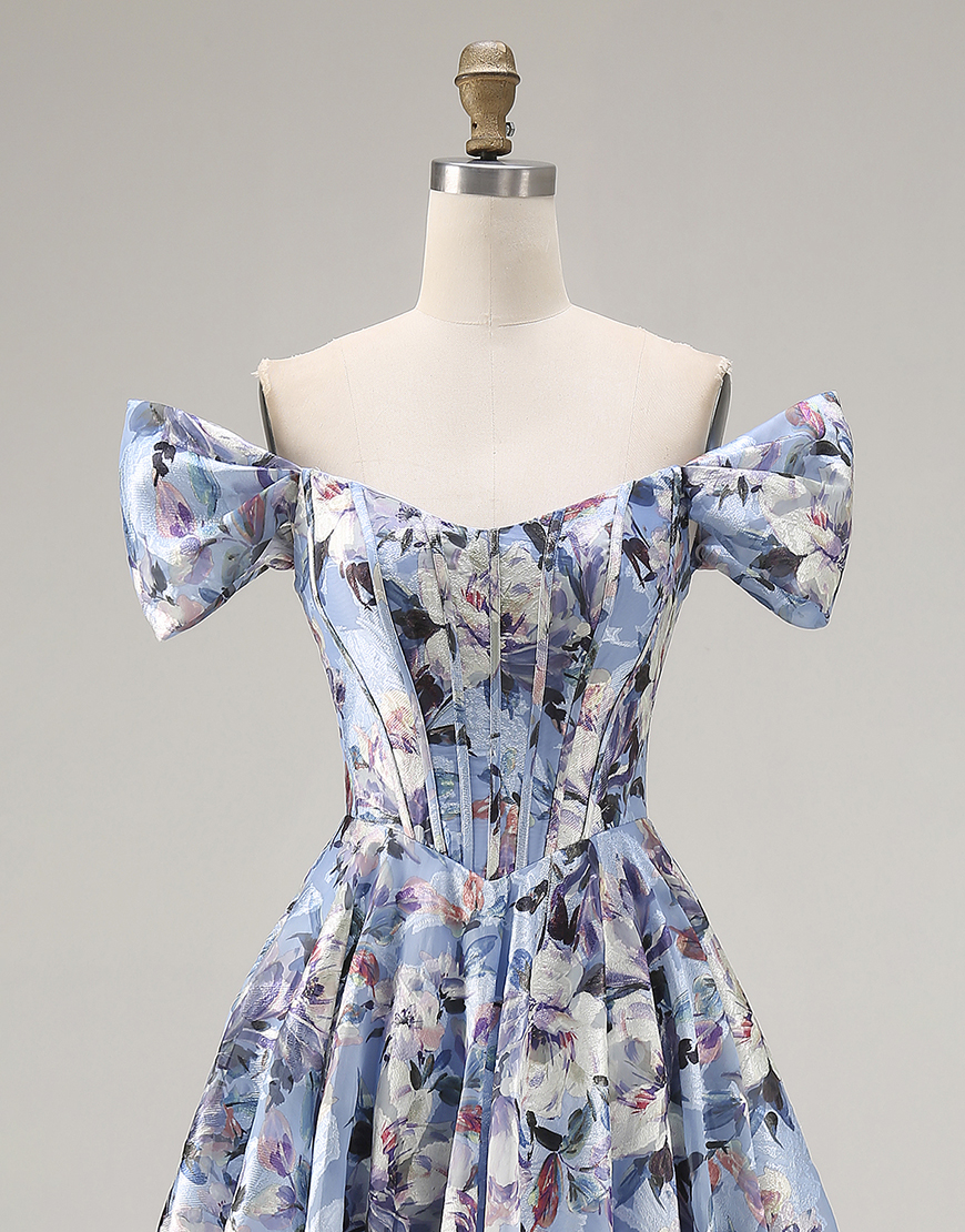 Blue Off the Shoulder Floral A Line Long Corset Prom Dress with Slit