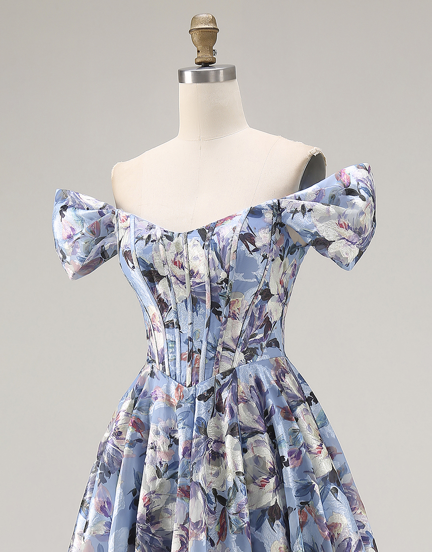 Blue Off the Shoulder Floral A Line Long Corset Prom Dress with Slit