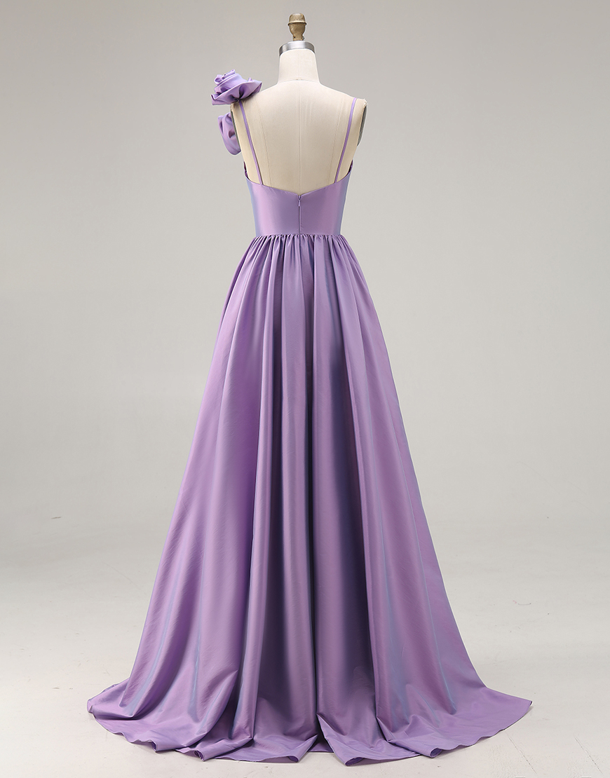 Purple Satin A Line Spaghetti Straps Long Prom Dress with 3D Flower