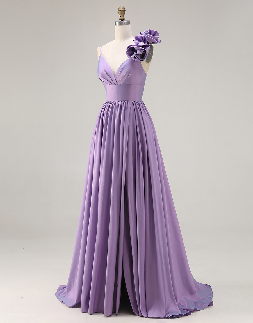 Purple Satin A Line Spaghetti Straps Long Prom Dress with 3D Flower