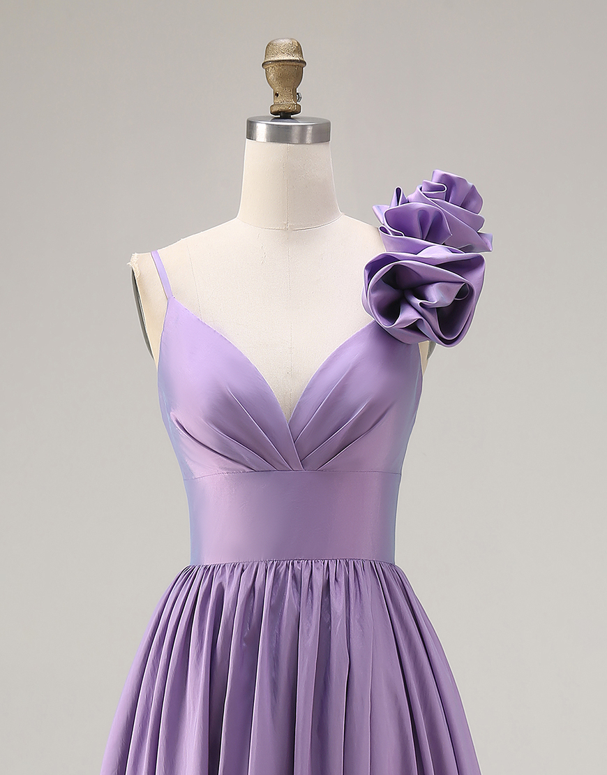 Purple Satin A Line Spaghetti Straps Long Prom Dress with 3D Flower