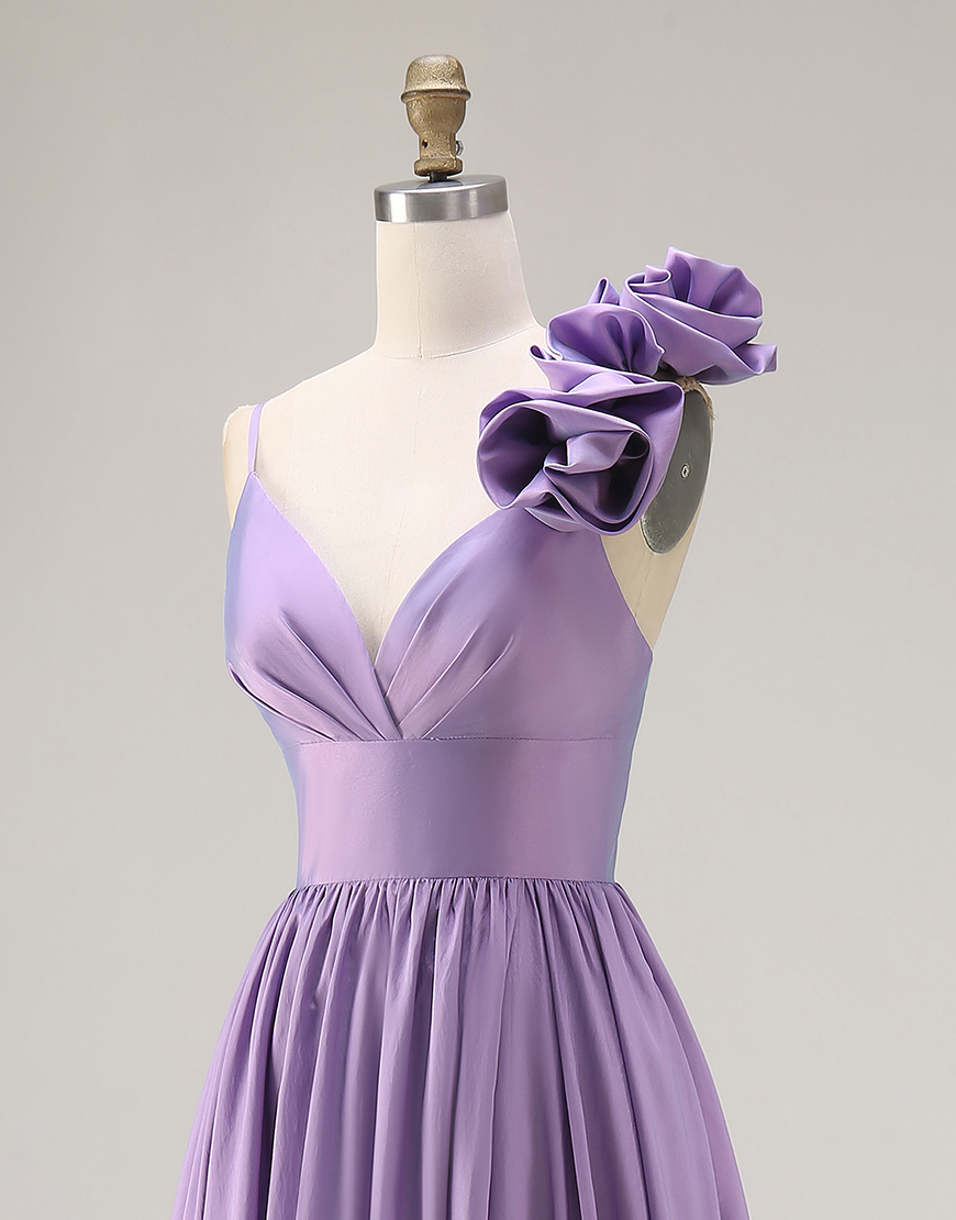 Purple Satin A Line Spaghetti Straps Long Prom Dress with 3D Flower