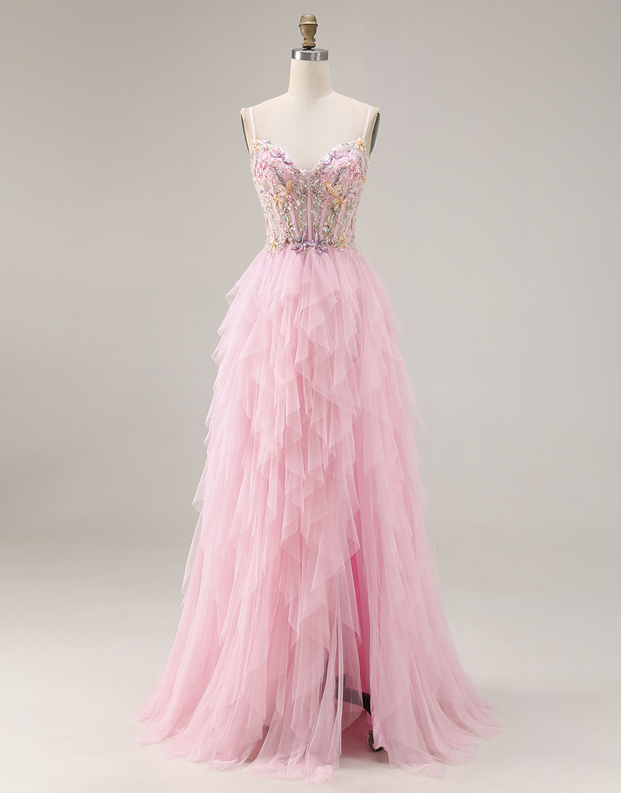 Sparkly Pink A Line Ruffled Beaded Long Corset Prom Dress with Slit