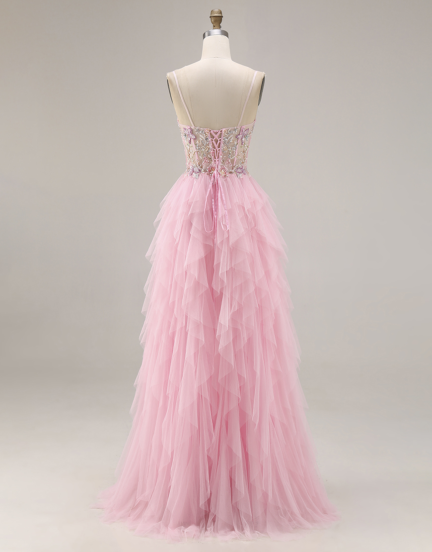 Sparkly Pink A Line Ruffled Beaded Long Corset Prom Dress with Slit