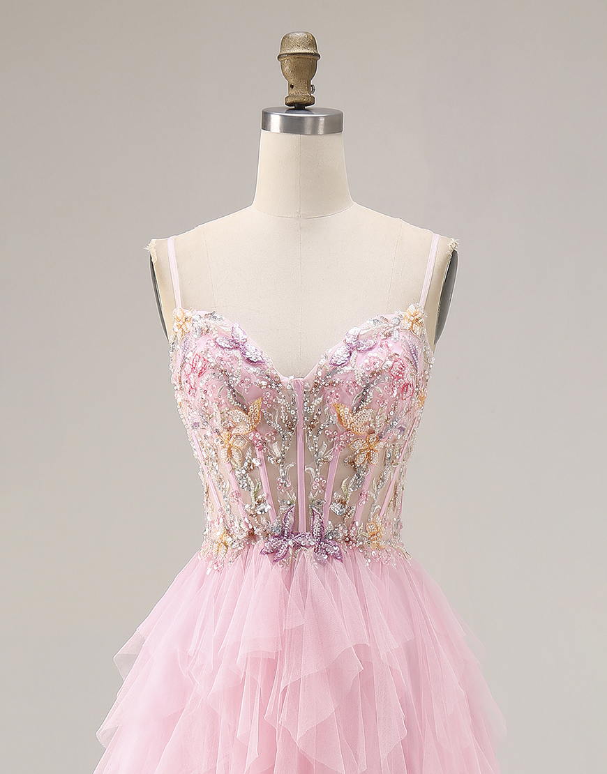 Sparkly Pink A Line Ruffled Beaded Long Corset Prom Dress with Slit