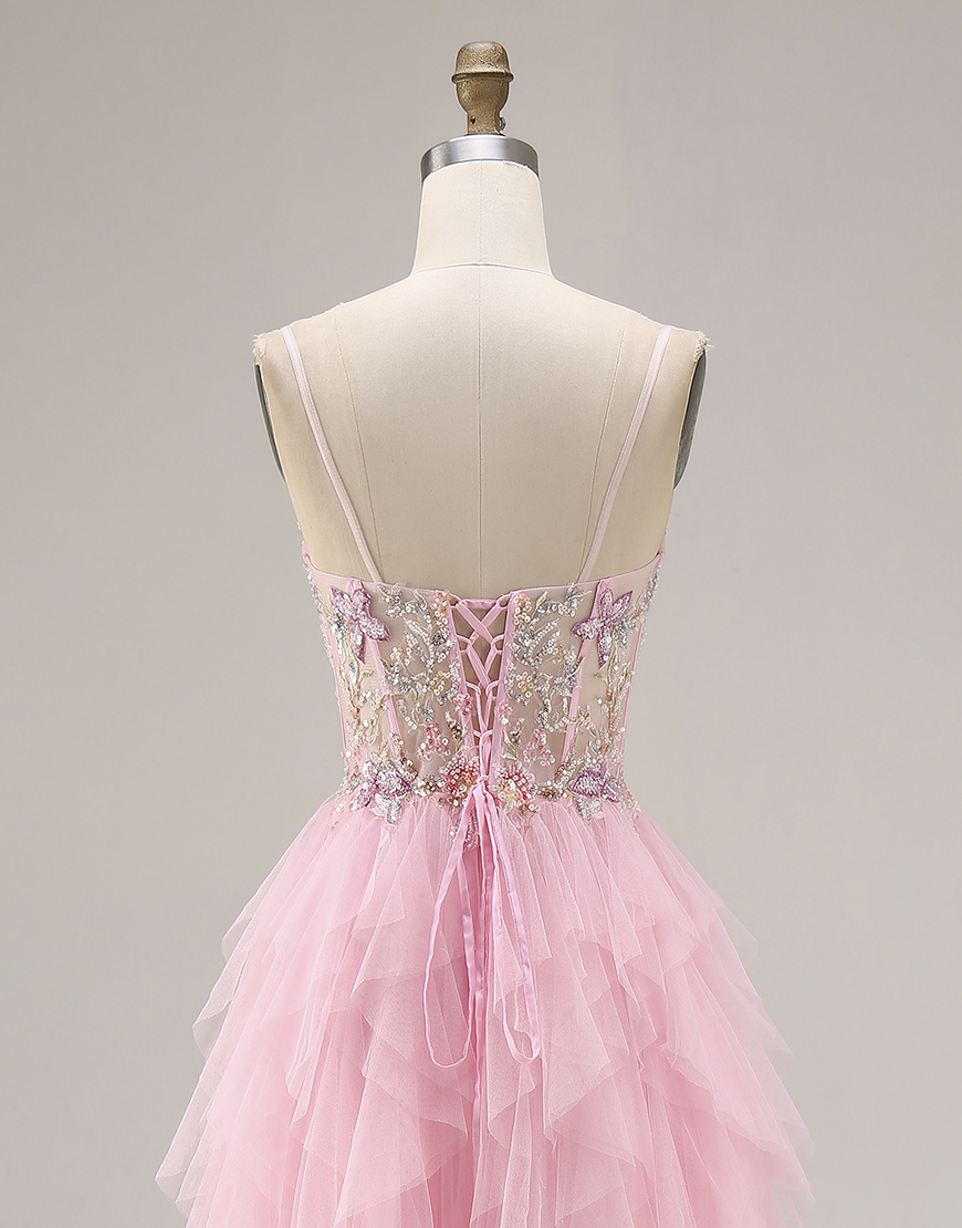 Sparkly Pink A Line Ruffled Beaded Long Corset Prom Dress with Slit