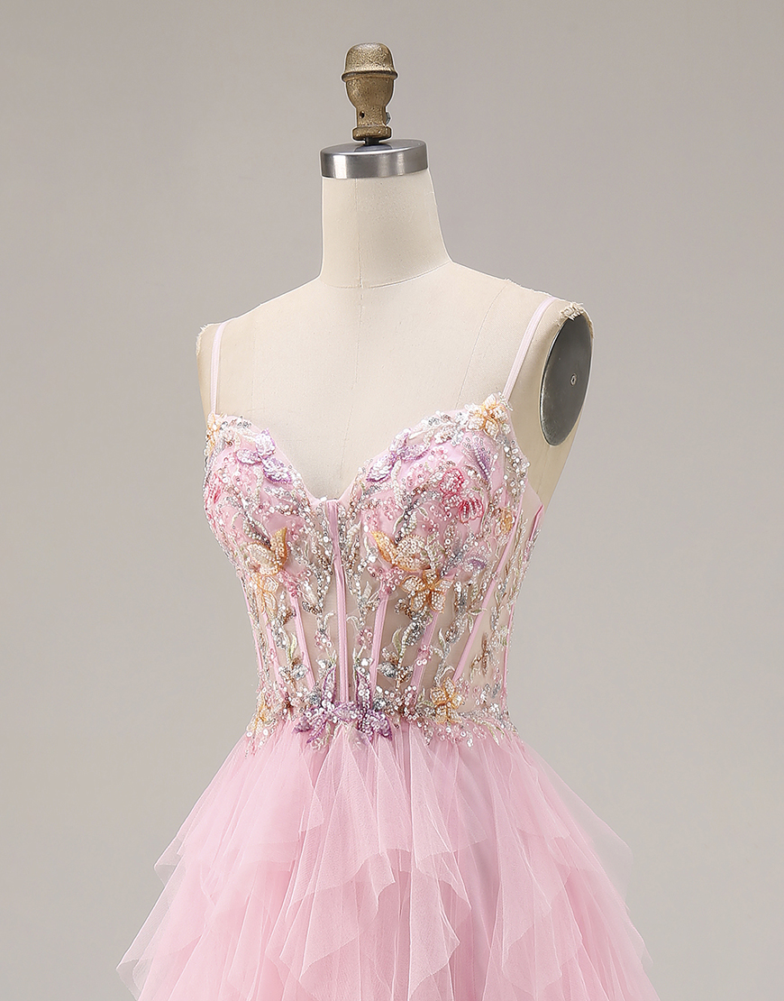 Sparkly Pink A Line Ruffled Beaded Long Corset Prom Dress with Slit