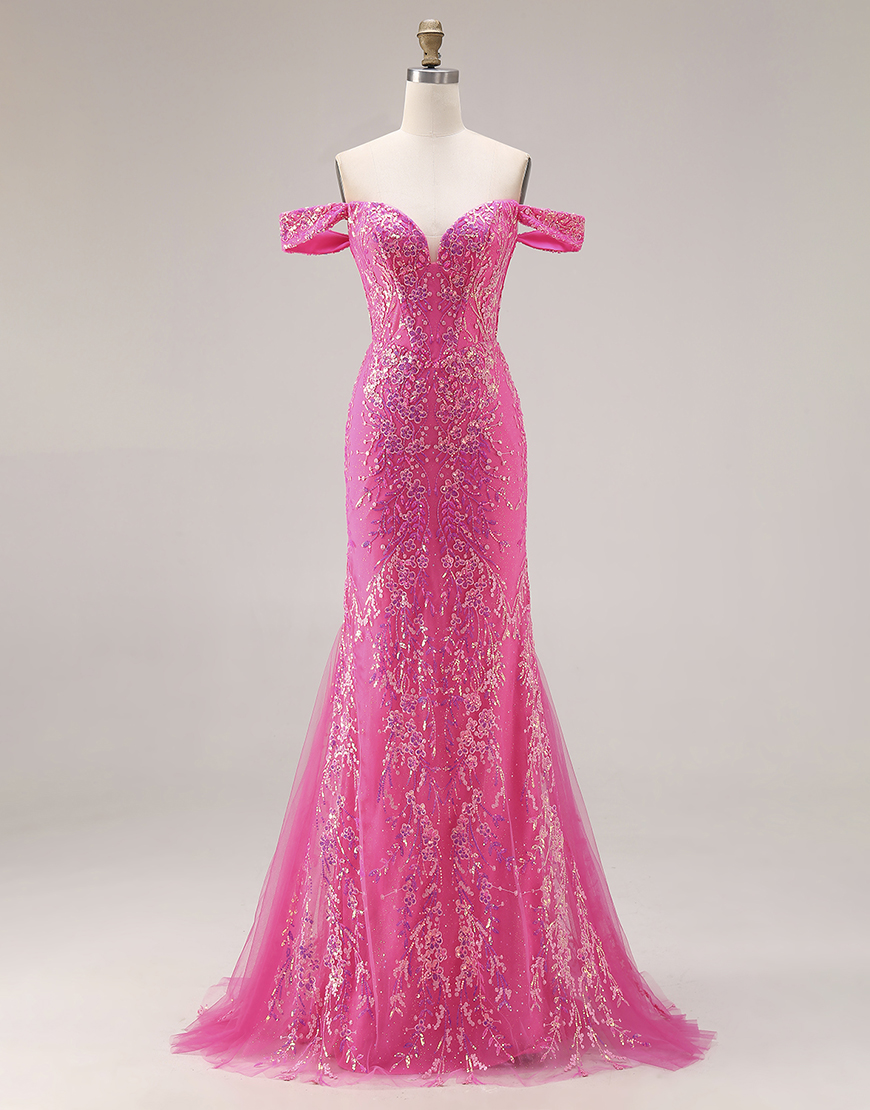 Sparkly Fuchsia Sequins Mermaid Off the Shoulder Floral Long Prom Dress with Cape