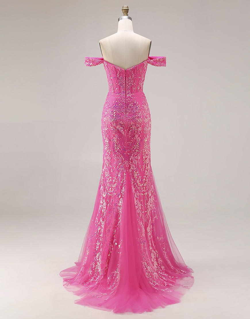 Sparkly Fuchsia Sequins Mermaid Off the Shoulder Floral Long Prom Dress with Cape