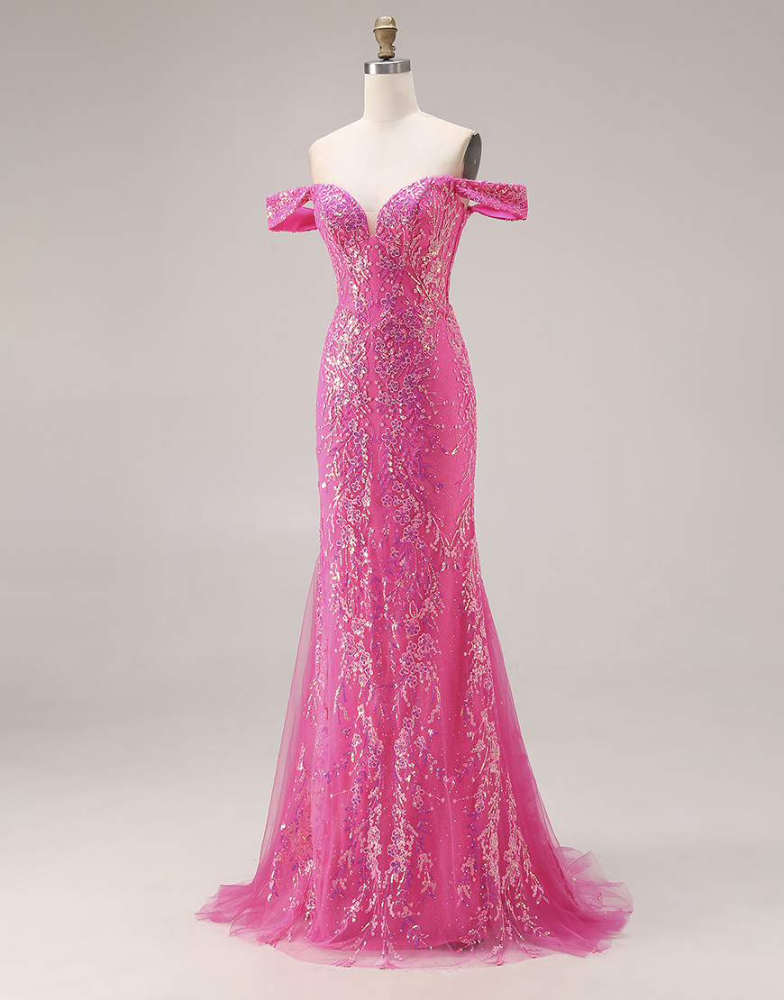 Sparkly Fuchsia Sequins Mermaid Off the Shoulder Floral Long Prom Dress with Cape