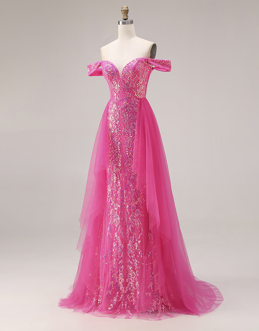 Sparkly Fuchsia Sequins Mermaid Off the Shoulder Floral Long Prom Dress with Cape