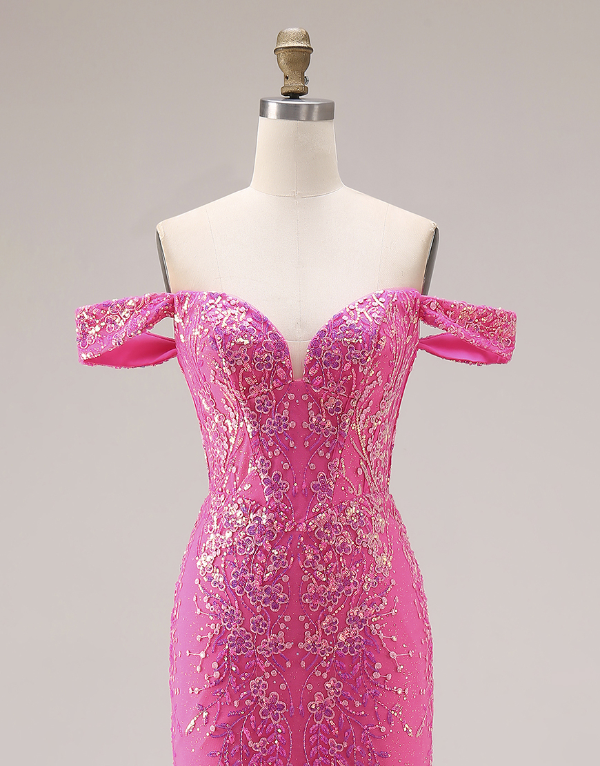 Sparkly Fuchsia Sequins Mermaid Off the Shoulder Floral Long Prom Dress with Cape