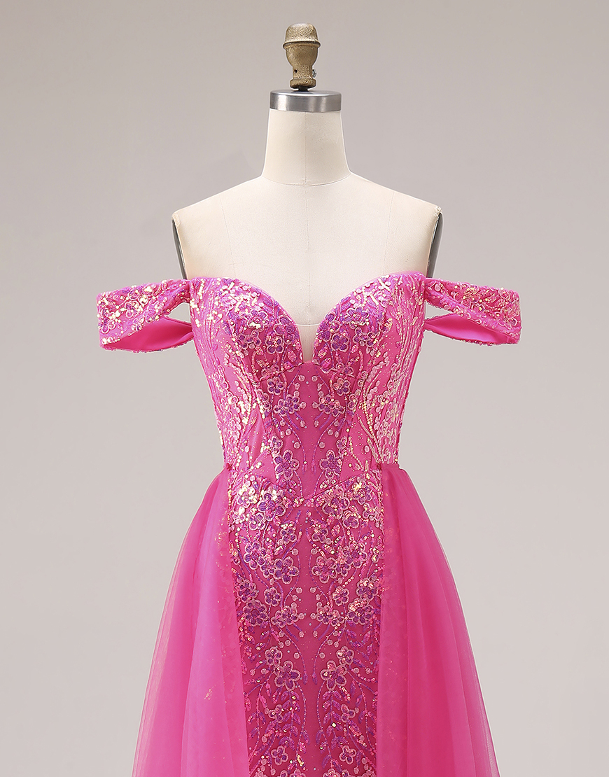 Sparkly Fuchsia Sequins Mermaid Off the Shoulder Floral Long Prom Dress with Cape
