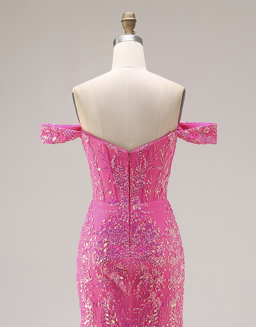 Sparkly Fuchsia Sequins Mermaid Off the Shoulder Floral Long Prom Dress with Cape