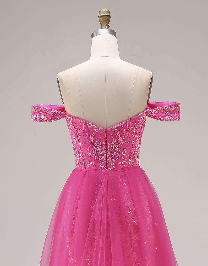 Sparkly Fuchsia Sequins Mermaid Off the Shoulder Floral Long Prom Dress with Cape