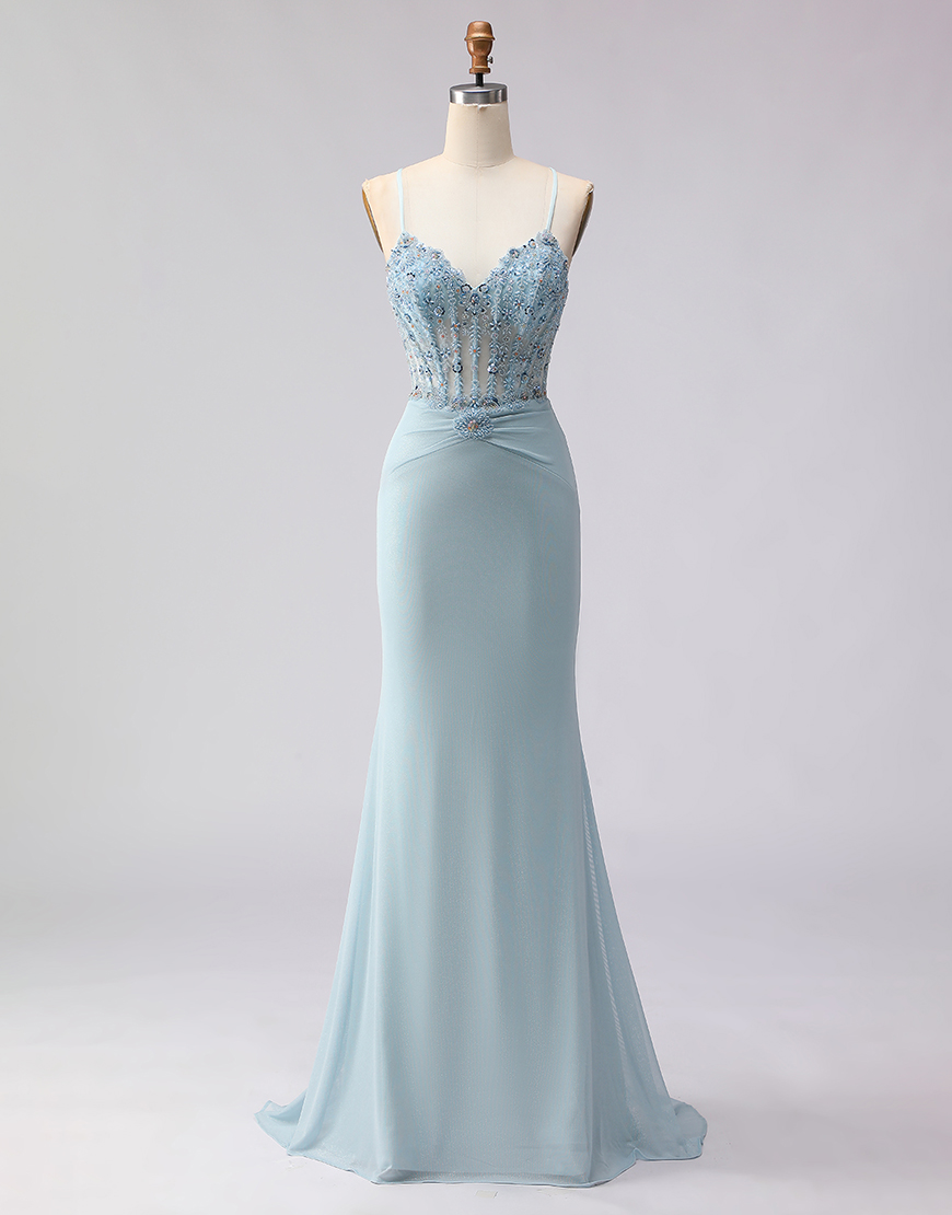Sparkly Dusty Blue Mermaid Spaghetti Straps Long Corset Prom Dress with Beading