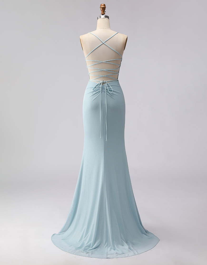 Sparkly Dusty Blue Mermaid Spaghetti Straps Long Corset Prom Dress with Beading