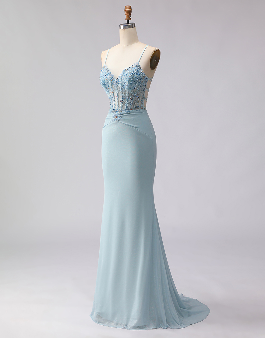 Sparkly Dusty Blue Mermaid Spaghetti Straps Long Corset Prom Dress with Beading