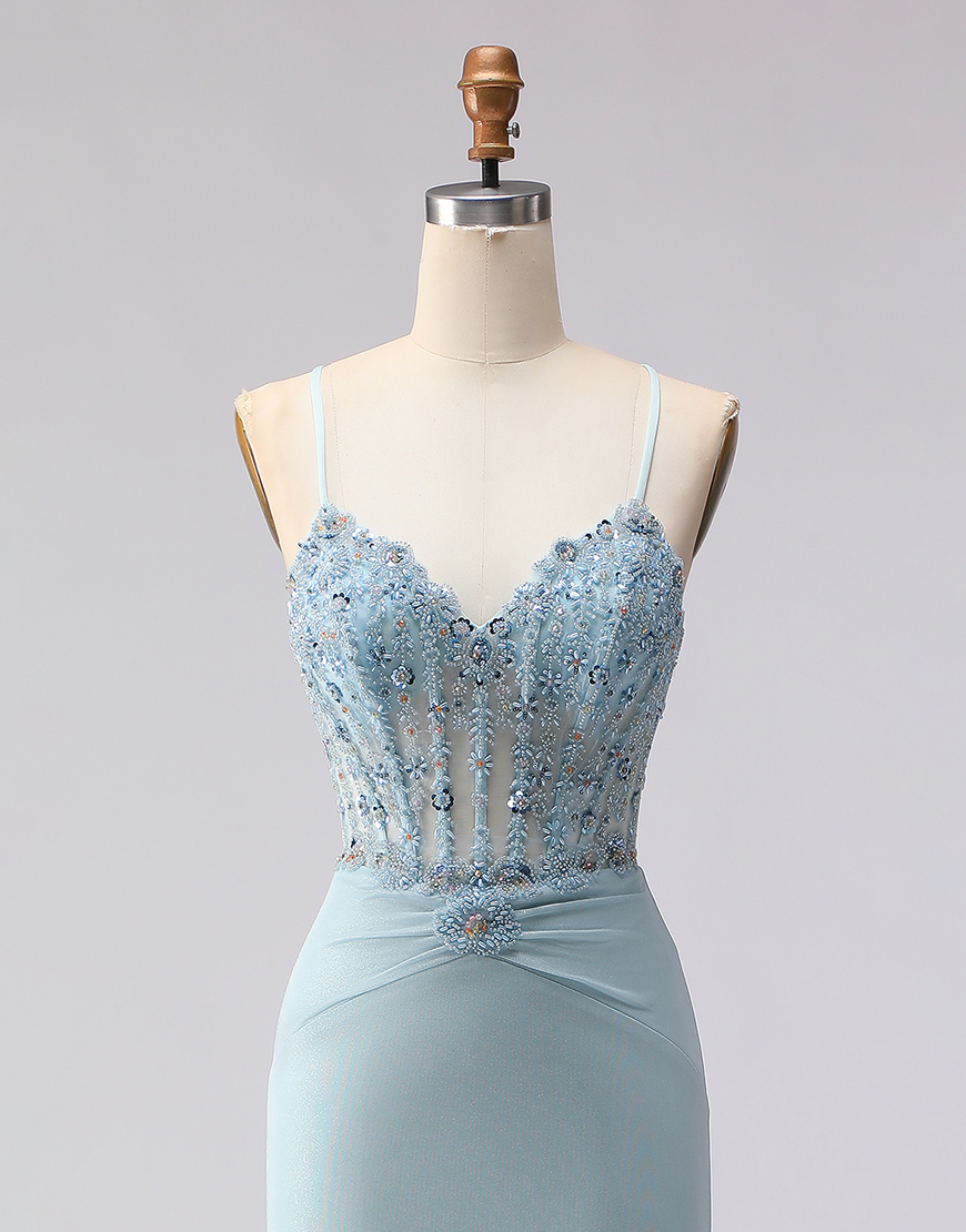 Sparkly Dusty Blue Mermaid Spaghetti Straps Long Corset Prom Dress with Beading