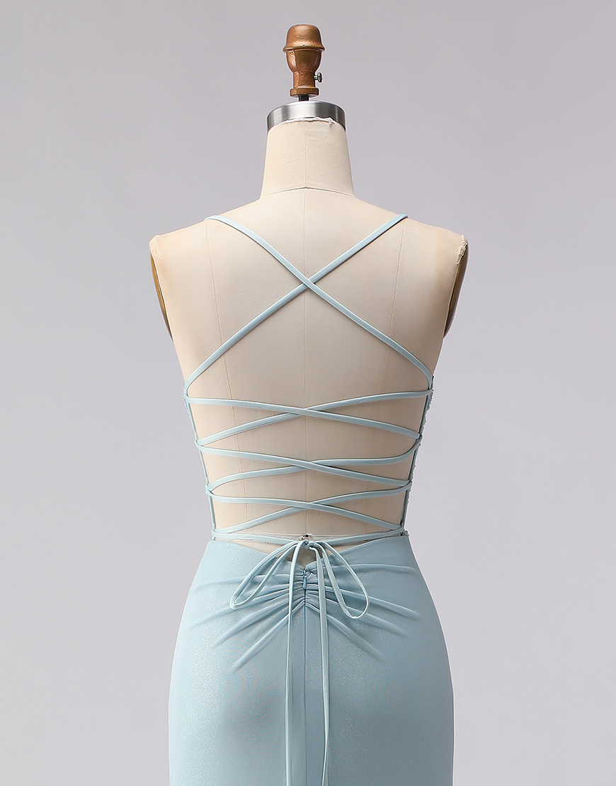 Sparkly Dusty Blue Mermaid Spaghetti Straps Long Corset Prom Dress with Beading